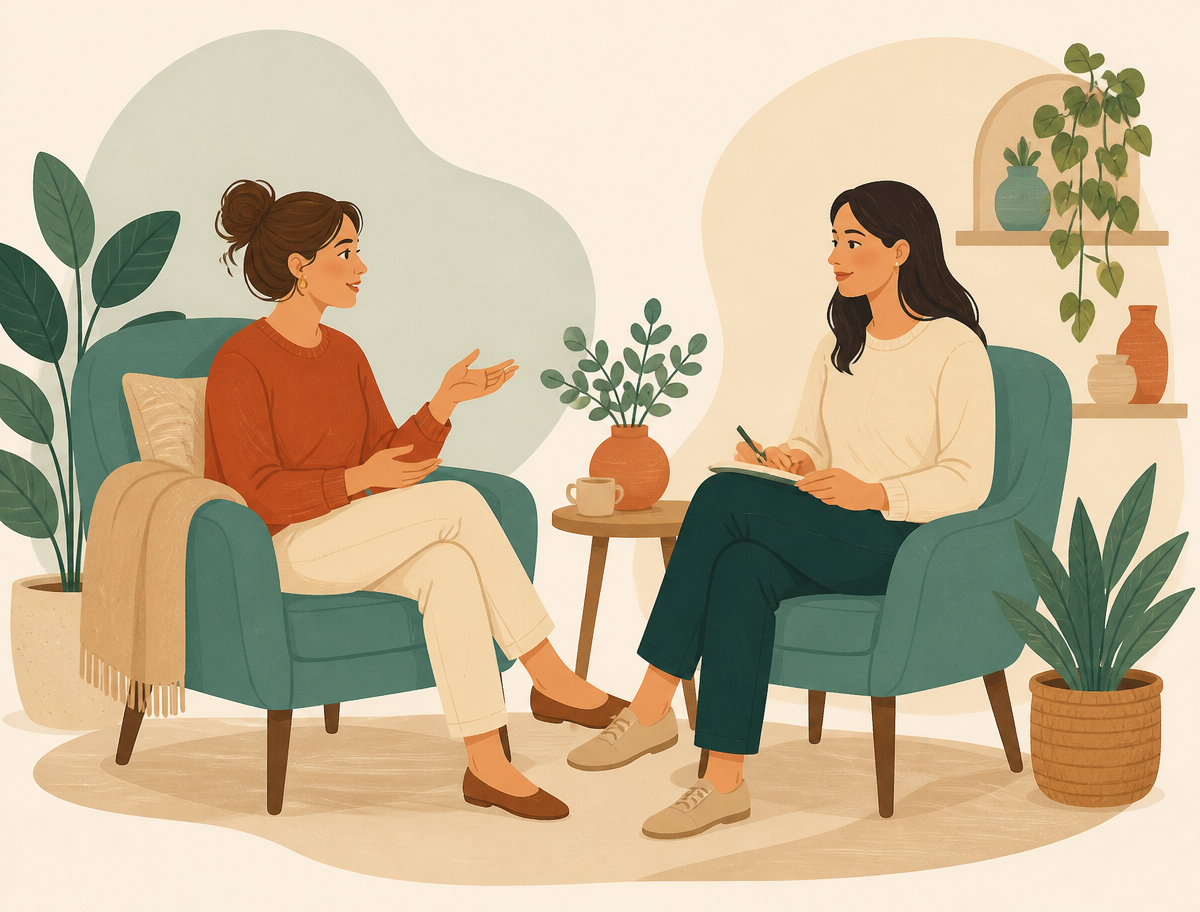 Illustration of a client and a therapist in a calm conversation