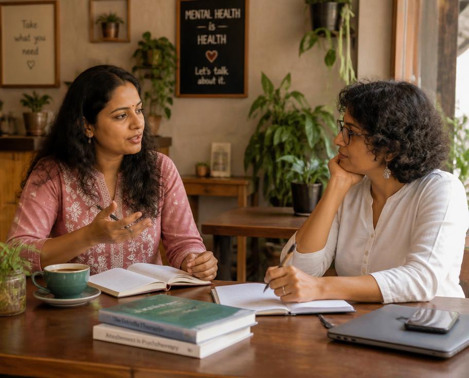 Two mental health professionals discussing notes over coffee