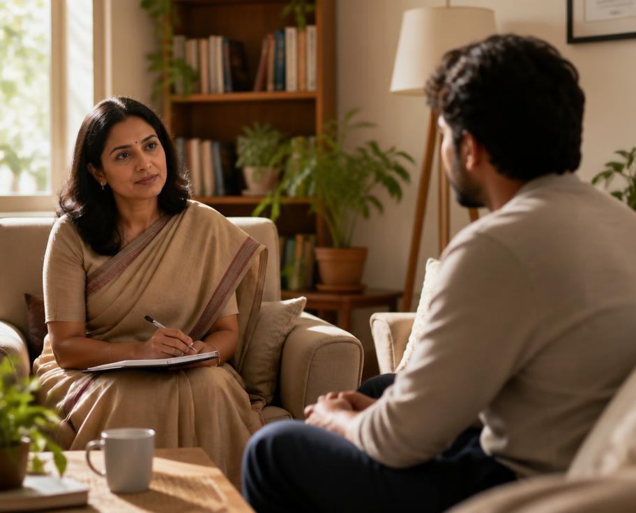 A therapist listening attentively to a client in a sunlit living room