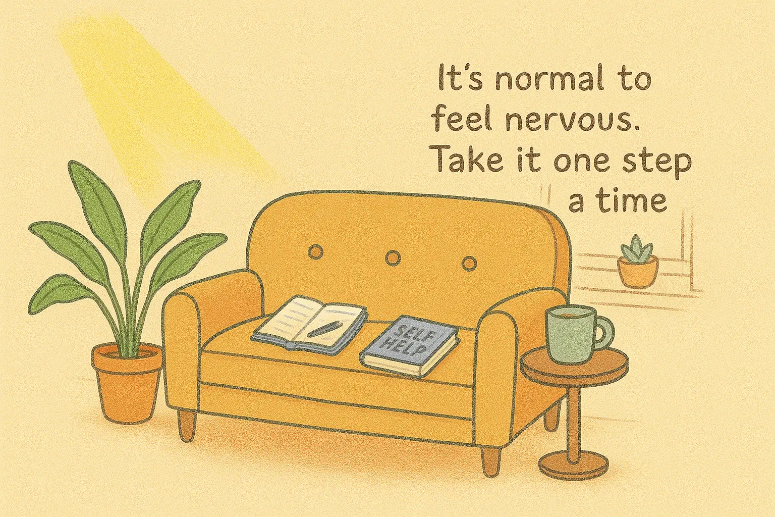 Illustration of a cozy therapy space with a couch, self-help books, and a calming message that reads "It's normal to feel nervous. Take it one step at a time."