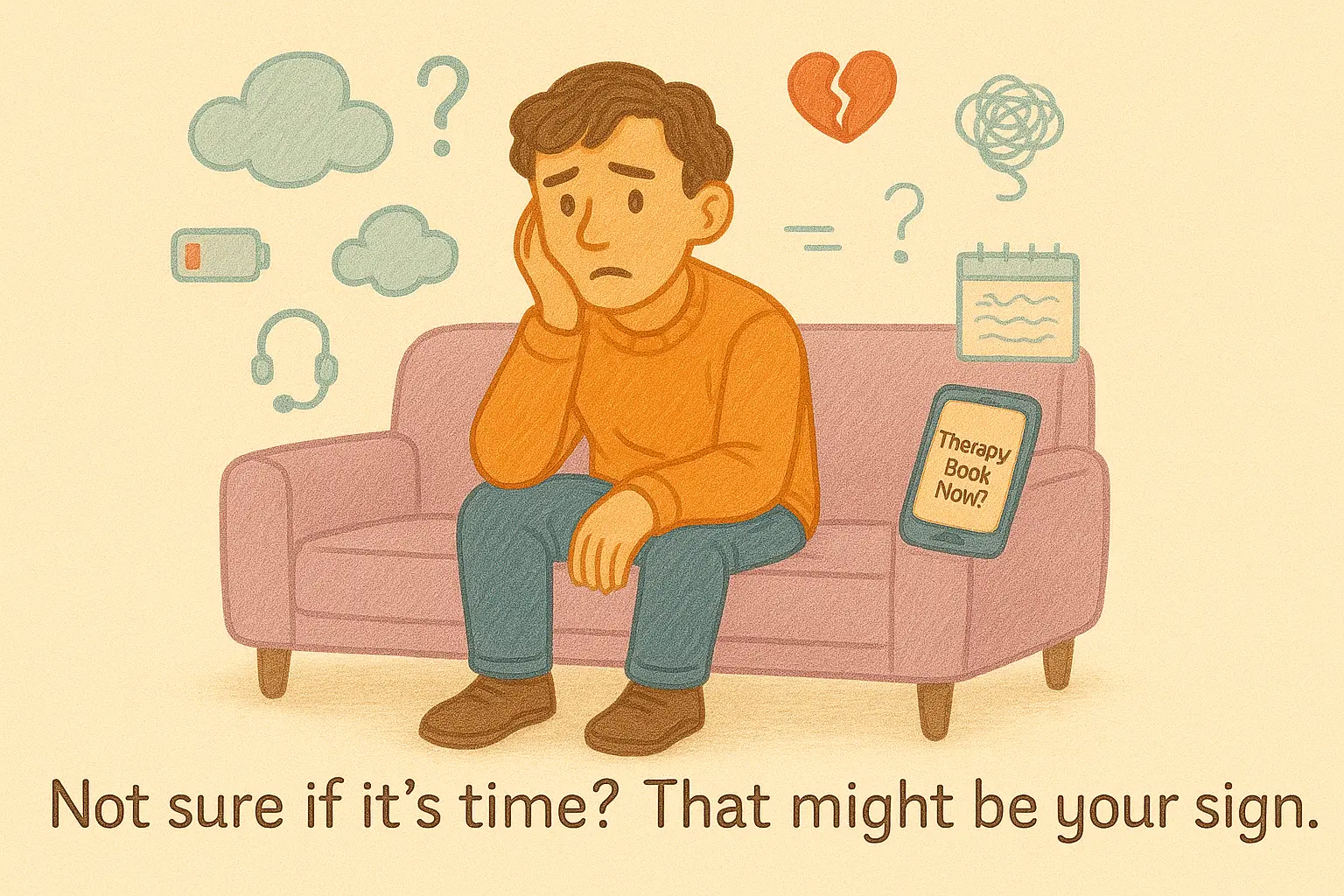 Illustration of a sad person sitting on a couch surrounded by symbols of emotional distress—broken heart, question marks, cloud thoughts, and a tablet that says “Therapy Book Now?”—with caption “Not sure if it’s time? That might be your sign."