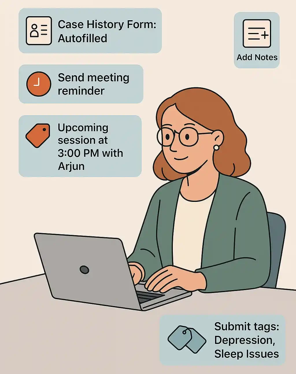 Illustration of a mental health professional using Emotist’s platform to automate admin tasks like meeting reminders, session tracking, case history documentation, and client tagging for issues such as depression and sleep problems — enhancing therapist workflow and session preparation