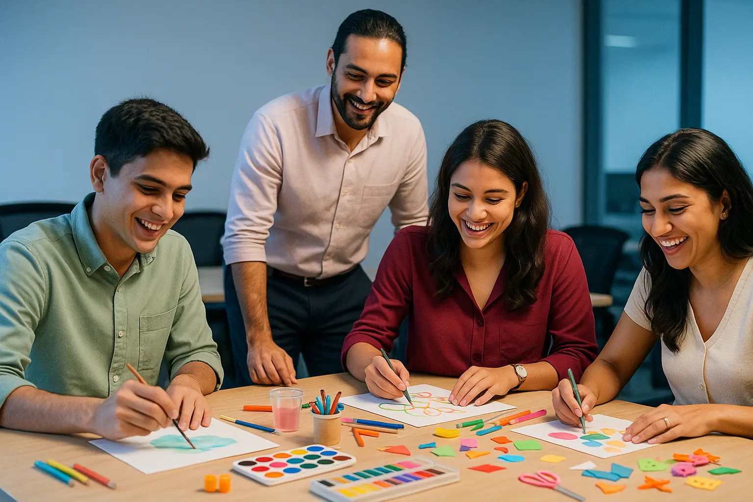 Smiling employees participating in a creative mental health workshop at Emotist, promoting workplace wellness and stress management through team activities