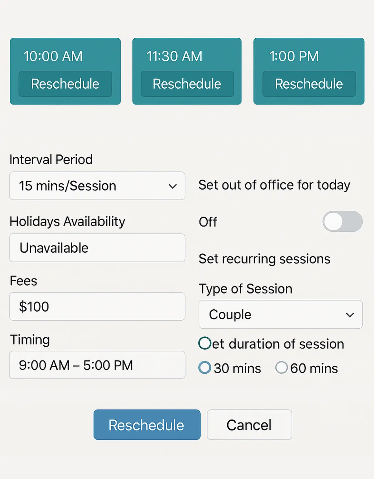 Therapist dashboard on Emotist showing customizable session timing, fees, and availability — flexible online therapy practice management tool for mental health professionals