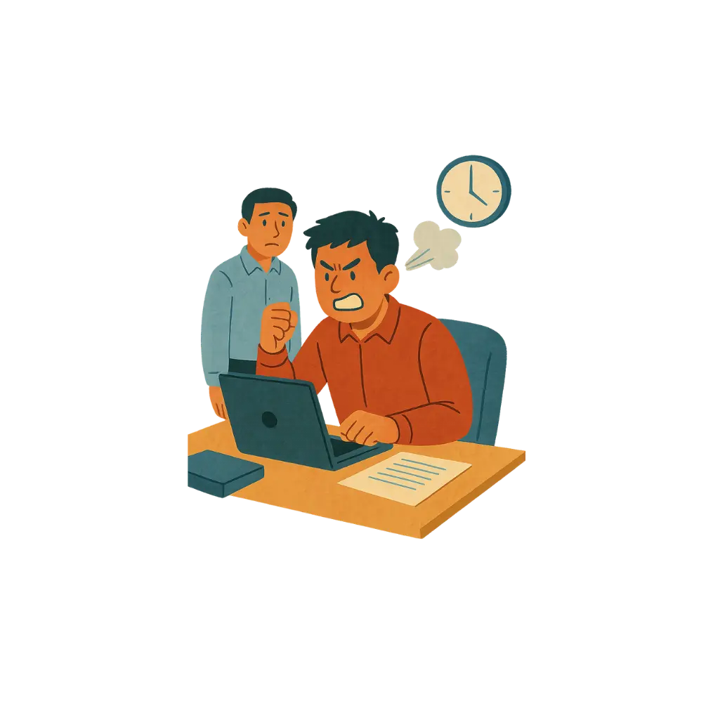 Illustration of a person yelling at coworkers in a workplace setting, symbolizing issues with anger control and behavioral therapy