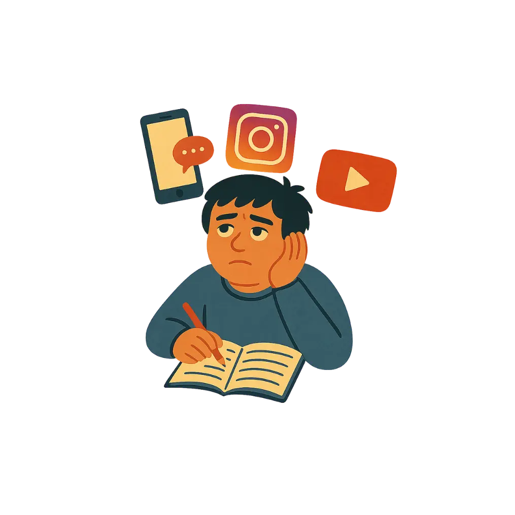Illustration of a distracted student surrounded by social media icons, representing Attention Deficit Hyperactivity Disorder (ADHD) challenges