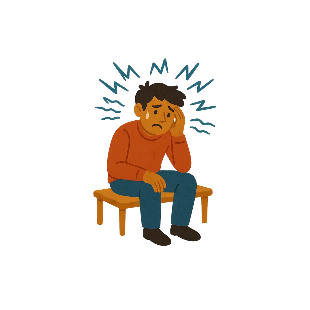Illustration of a person overwhelmed with stress and anxiety, holding their head with visible stress lines — representing anxiety support