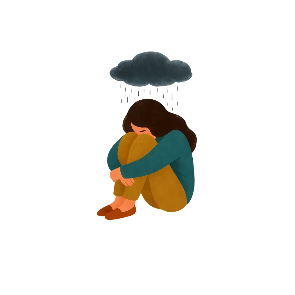 Illustration of a person sitting under a dark cloud, symbolizing deep sadness and emotional pain from trauma and grief