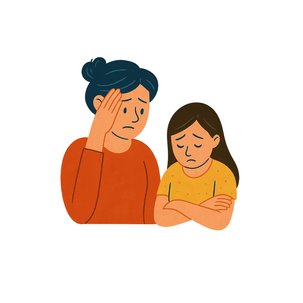 Illustration of a stressed parent comforting a child, representing emotional difficulties and conflicts in parenting