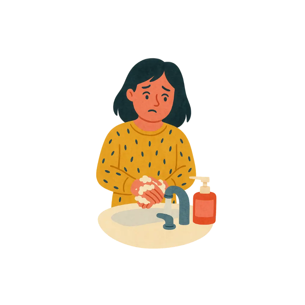 Illustration of a person repeatedly washing hands, depicting symptoms of Obsessive Compulsive Disorder (OCD) and the need for therapy