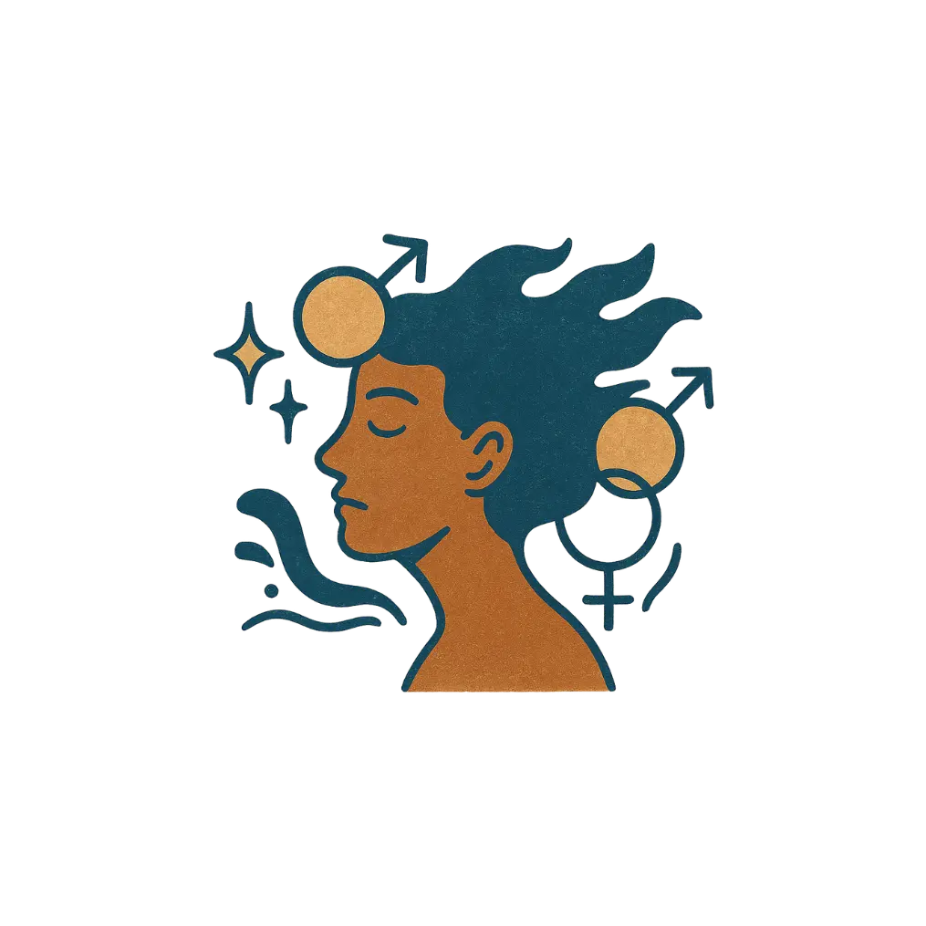 Illustration of a person with abstract identity symbols, representing support for LGBTQ+ individuals through queer affirmative therapy