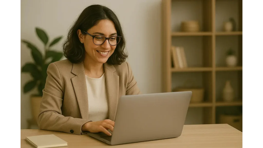 Female mental health professional signing up on Emotist platform using a laptop, representing the onboarding process for therapists—sign up, verification, and profile creation