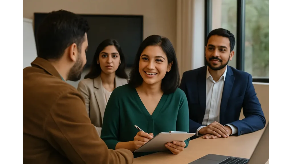 Group of mental health professionals in a discussion, symbolizing continued learning, client insights, and growth opportunities with Emotist’s support ecosystem