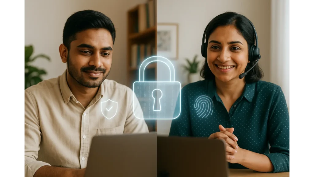Virtual therapy session on Emotist with a male and female therapist communicating via secure video call, featuring encrypted connection and digital trust icons
