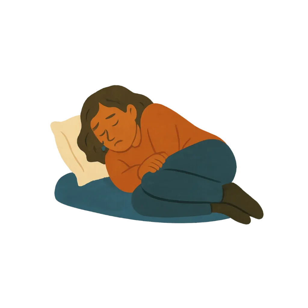 Illustration of a person lying curled up on the floor, representing sadness, isolation, and the emotional toll of depression