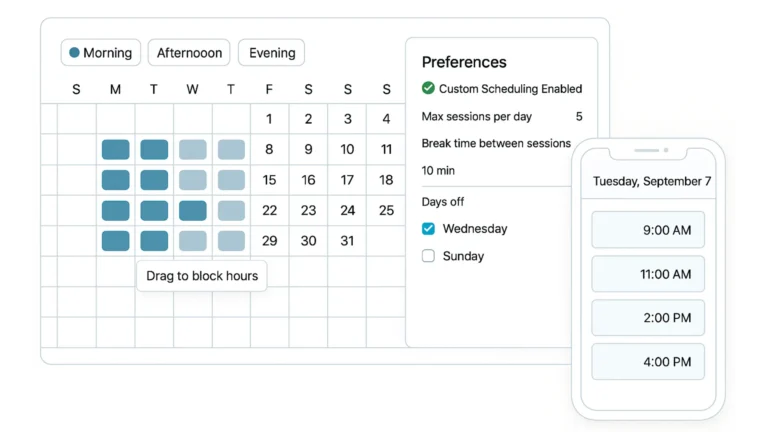 Therapist scheduling calendar interface on Emotist platform showing customizable availability, session preferences, and mobile time slot options for flexible practice management