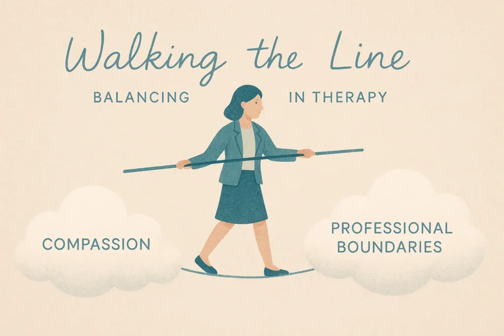 Illustration of a therapist balancing on a tightrope between compassion and professional boundaries, representing difficult conversations in therapy