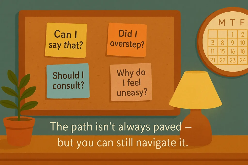 Illustration reflecting ethical considerations in therapy, showing sticky notes with questions like “Can I say that?” and “Should I consult?” on a therapist’s wall