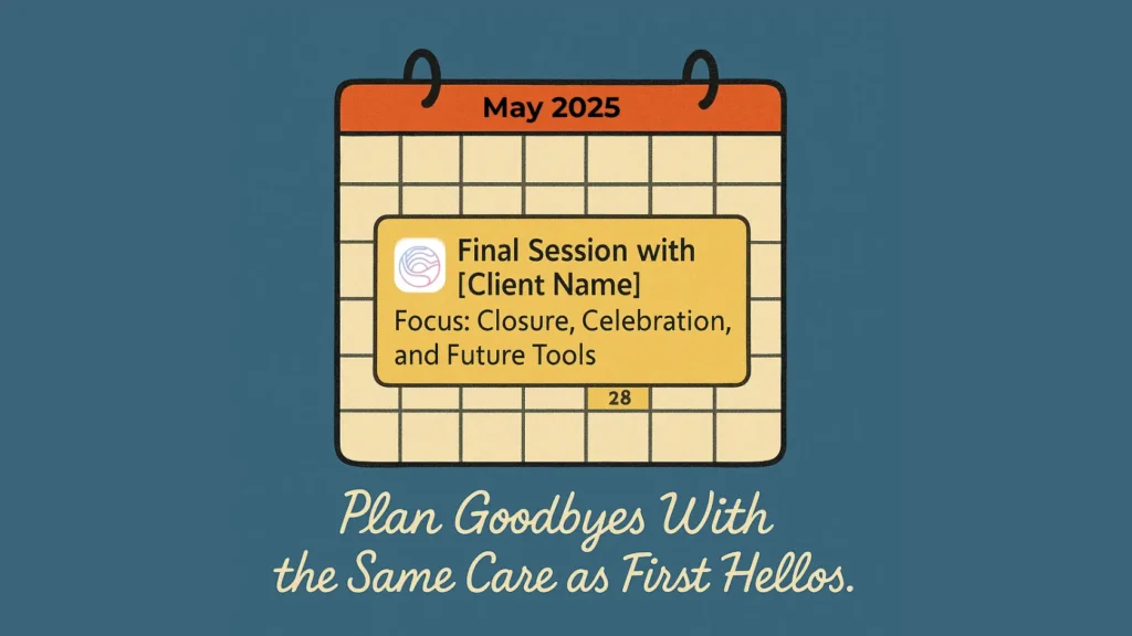 Therapy client termination calendar graphic showing a final session with focus on closure, celebration, and future tools