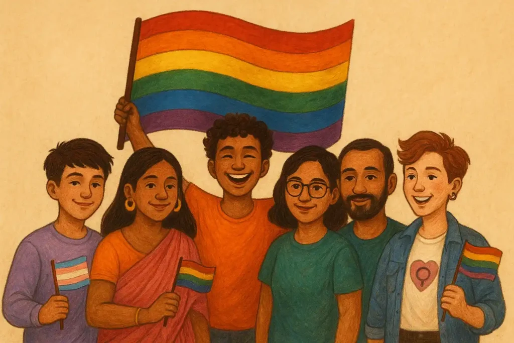 Illustration of diverse LGBTQIA+ individuals in India, hand-drawn in a warm, textured journal style, representing queer community, inclusion, mental health, and support.