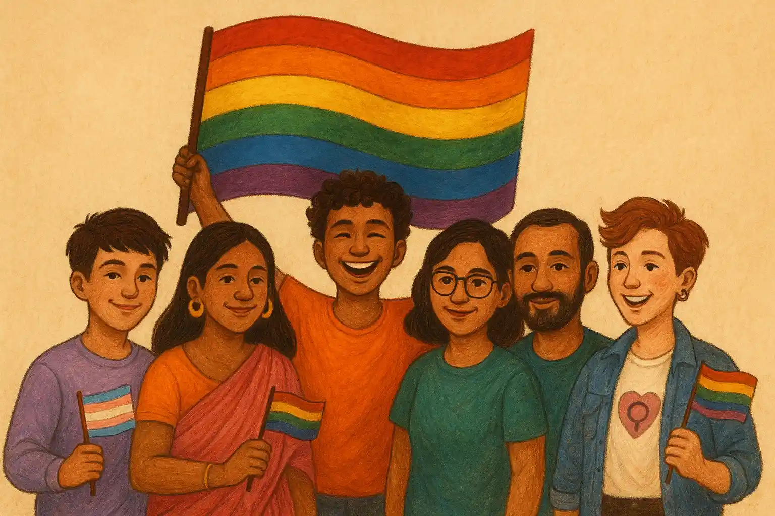 Illustration of diverse LGBTQIA+ individuals in India, hand-drawn in a warm, textured journal style, representing queer community, inclusion, mental health, and support.