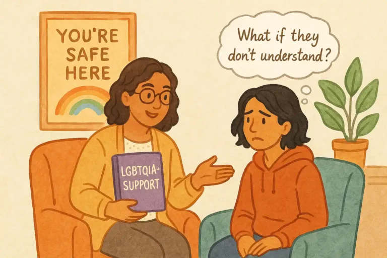 Illustration of a South Asian therapist supporting a young LGBTQIA+ client in a cozy counseling room, featuring a “You’re Safe Here” rainbow poster and a book titled “LGBTQIA+ Support” — visual representation of inclusive mental health care