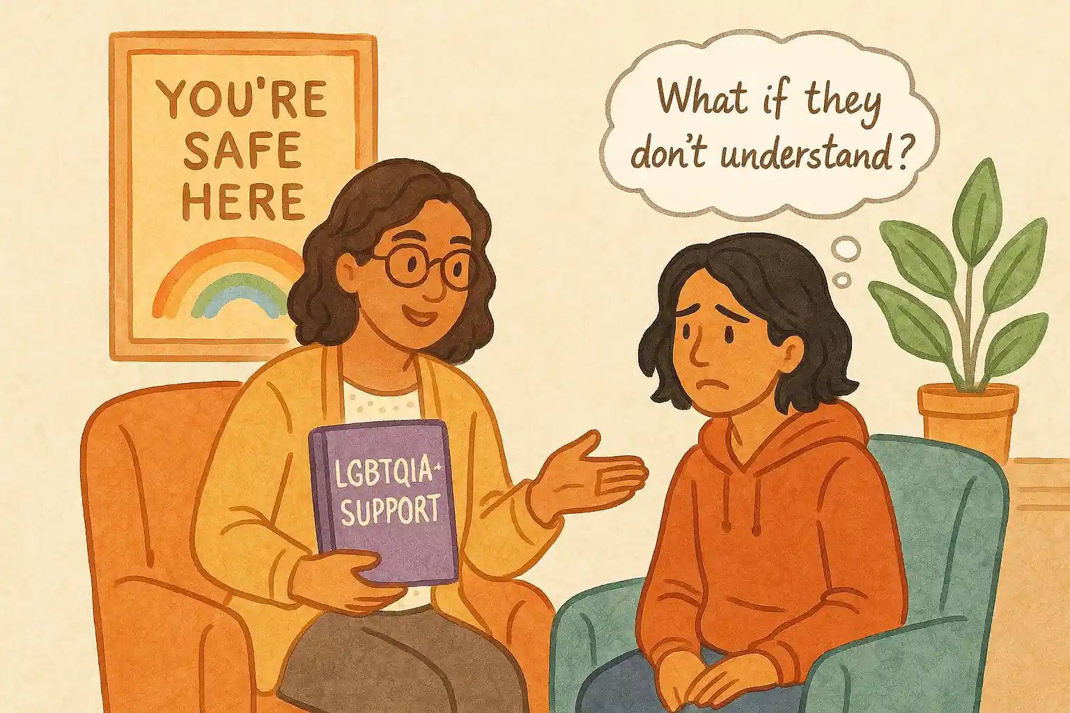 Illustration of a South Asian therapist supporting a young LGBTQIA+ client in a cozy counseling room, featuring a “You’re Safe Here” rainbow poster and a book titled “LGBTQIA+ Support” — visual representation of inclusive mental health care
