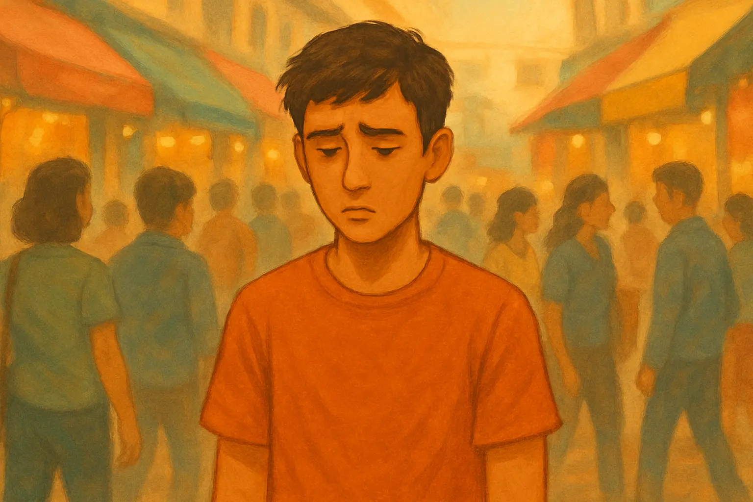 A young Indian man in an orange t-shirt stands alone in a crowded market street, looking down with a sad expression. Blurred figures of people pass by him in the background, emphasizing his sense of isolation and male loneliness in India