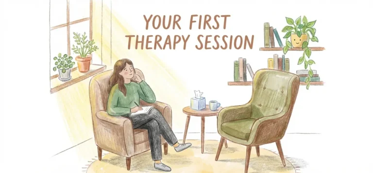 “Hand-drawn line illustration of a first therapy session showing a therapist speaking with a client in a calm, welcoming room, designed for first-time therapy clients seeking mental health counselling and what to expect in therapy.”