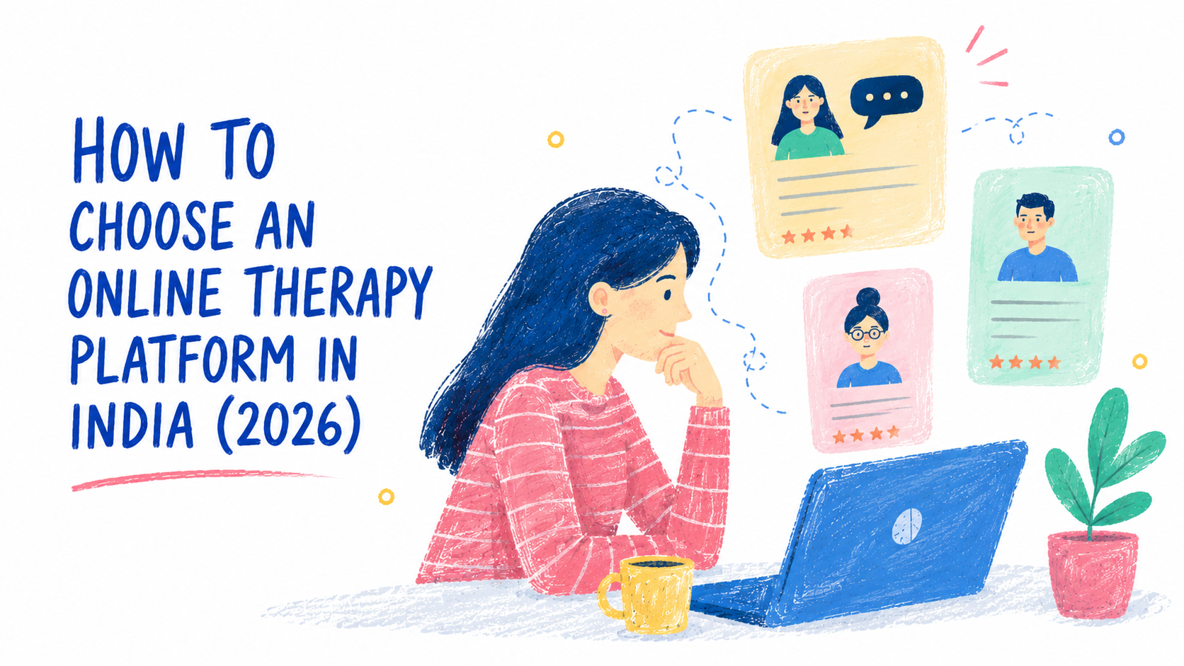 Illustration of a person calmly comparing options while choosing an online therapy platform in India